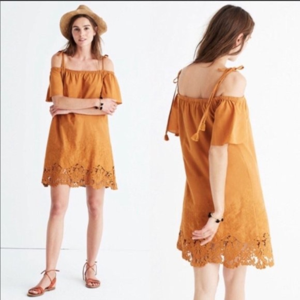 Madewell women’s Off the shoulder dress with crochet trim in burnt orange size M